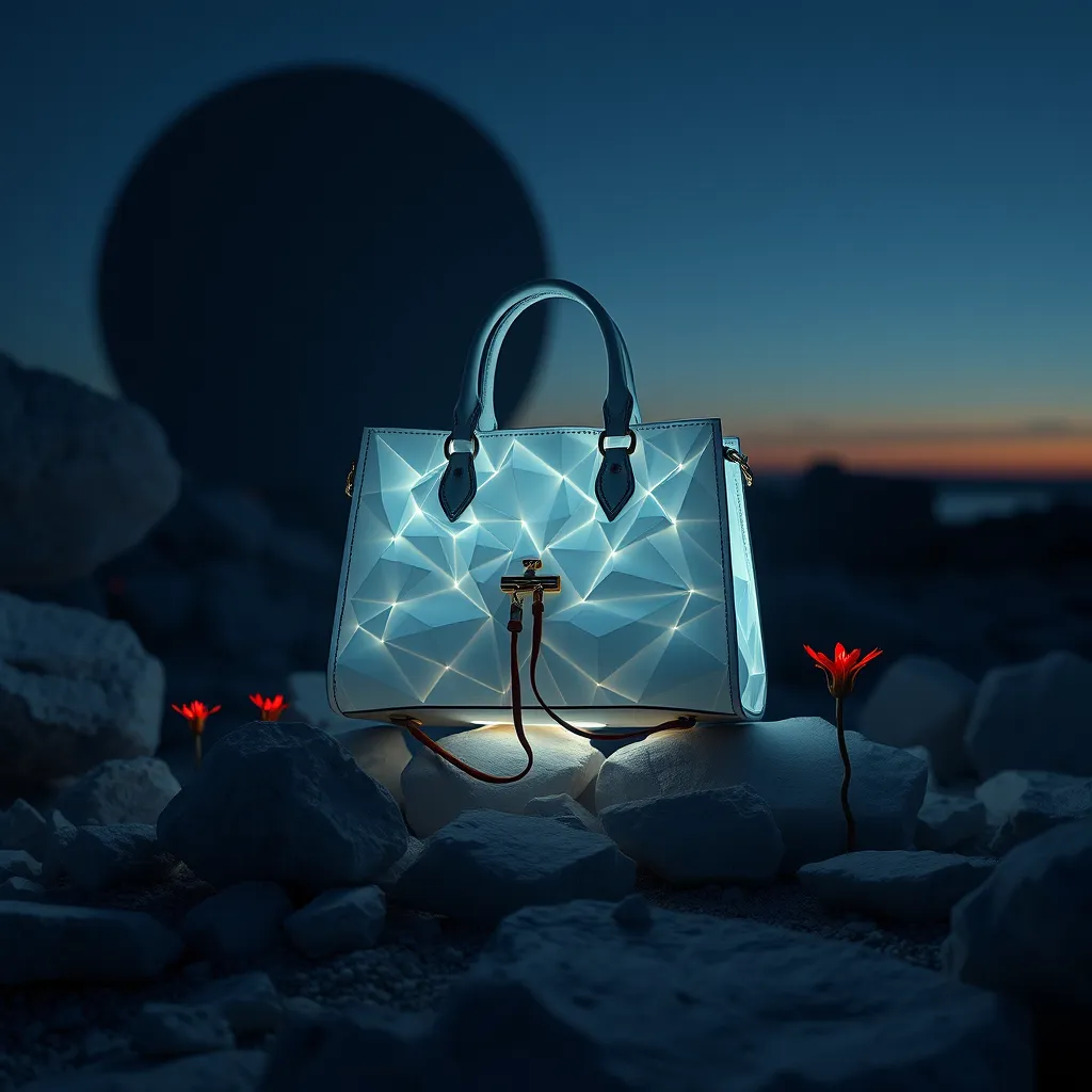 An image that presents a bag only for the brand Alexander McQueen. White rocks, planet, hyper-realistic, surrealism details, futuristic, 8k resolution, day editorial, inspired by Rick Owens or Alexander McQueen, dusk. Blue, black, and white. Red small details campaign. Dark, night. With bioluminescent plants that light up the bag during the night. During the night.