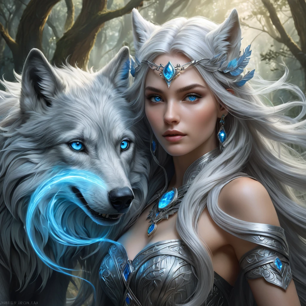 A hauntingly beautiful Wild Hunt sorceress, with long flowing silver hair and piercing blue eyes, summoning a spectral wolf amidst a swirling vortex of magic, deep within an ancient forest, mystical, powerful, ethereal beauty, fantasy art style