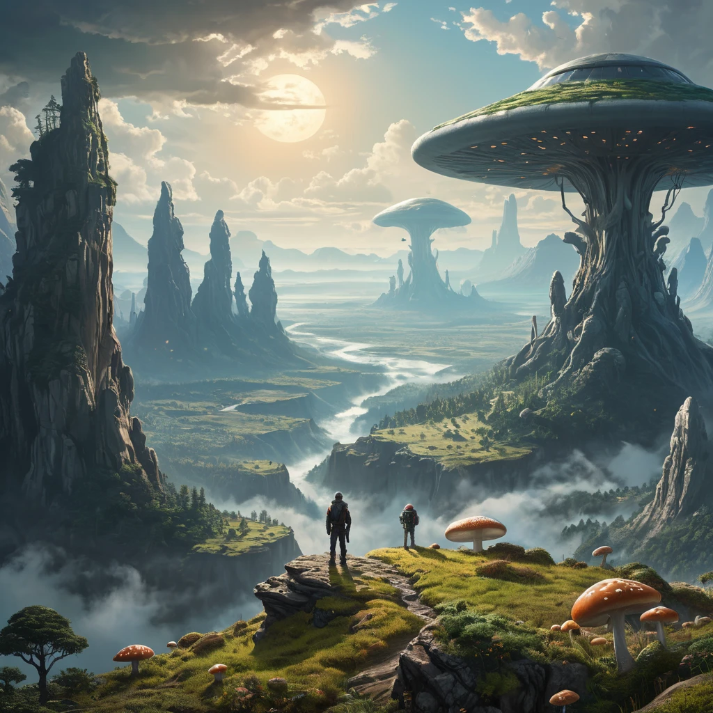 A lone explorer standing on the edge of a cliff, gazing at a vast alien valley below, herds of strange, procedurally generated creatures graze amidst towering mushroom forests, a spaceship rests on a plateau in the distance, No Man's Sky aesthetic, sense of scale and exploration