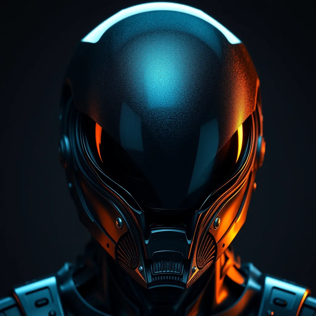 alien helmet with iridescent reflection. Dark background