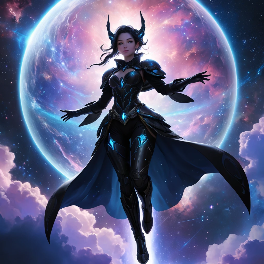 Silhouette of cosmic sorceress, nebula armor, suspended in air, nebula-filled backdrop