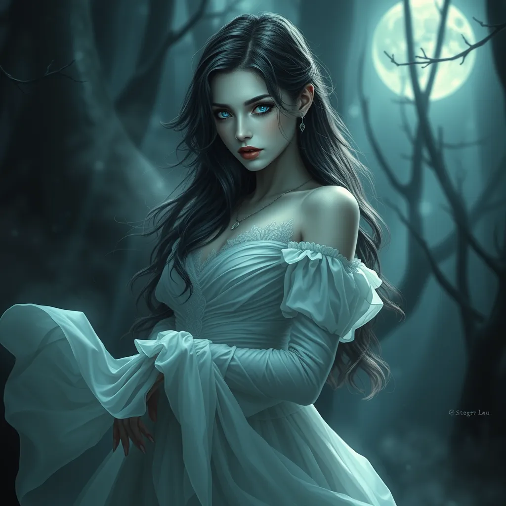 An ethereal vampire maiden with a delicate yet captivating beauty, pale blue eyes that shimmer like sapphires, wearing a flowing white dress that evokes the moonlight, surrounded by mist in a dark forest, art nouveau style, soft lighting, dreamlike atmosphere