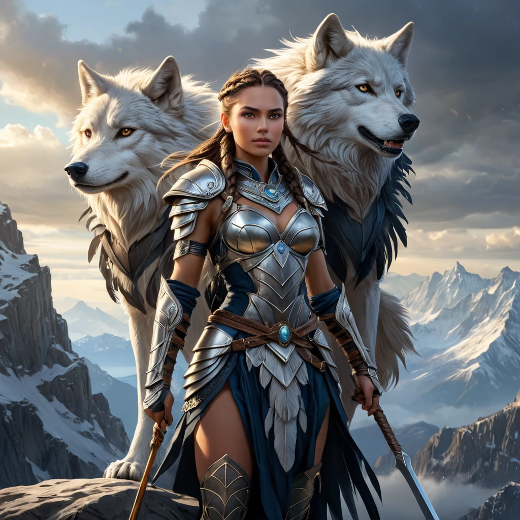 A powerful Wild Hunt warrior queen, wielding a glowing spear, her face framed by braids adorned with feathers and bones, standing atop a windswept mountain, her loyal wolf companion by her side, epic fantasy, dramatic lighting, detailed armor