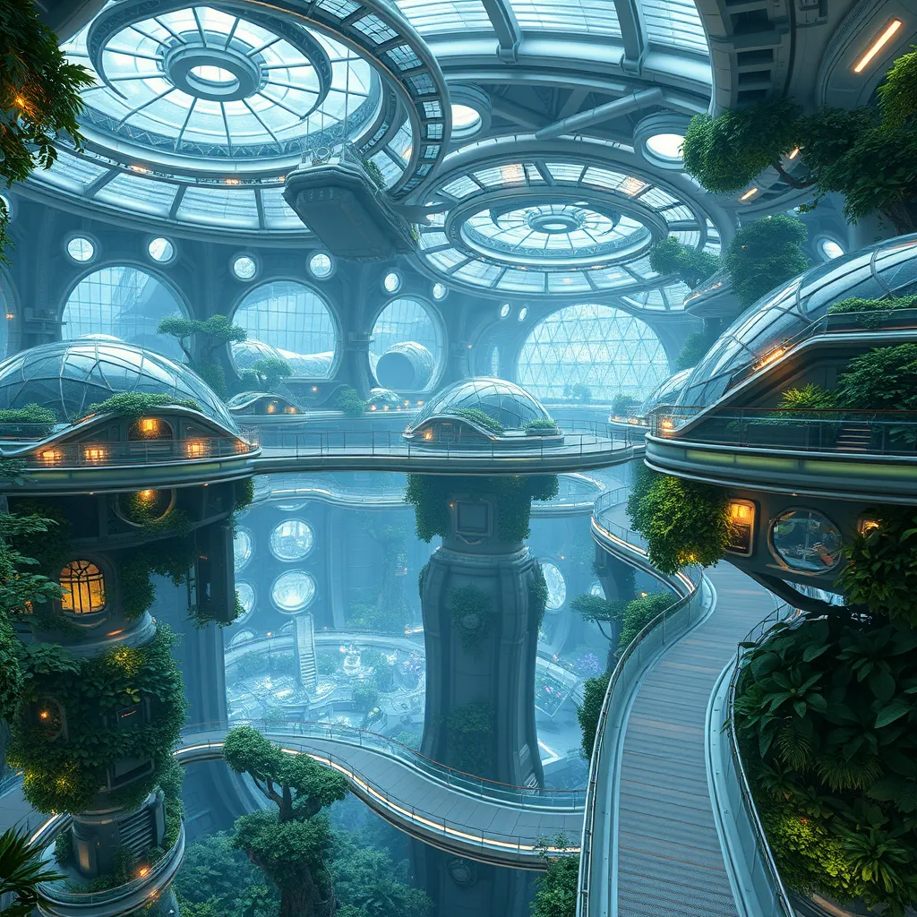 Intricate network of interconnected biodomes forming a space station, lush greenery and glowing flora, sleek transparent walkways connecting different modules, advanced technology seamlessly integrated with nature, ethereal atmosphere, hyperrealistic, cinematic lighting, 4k