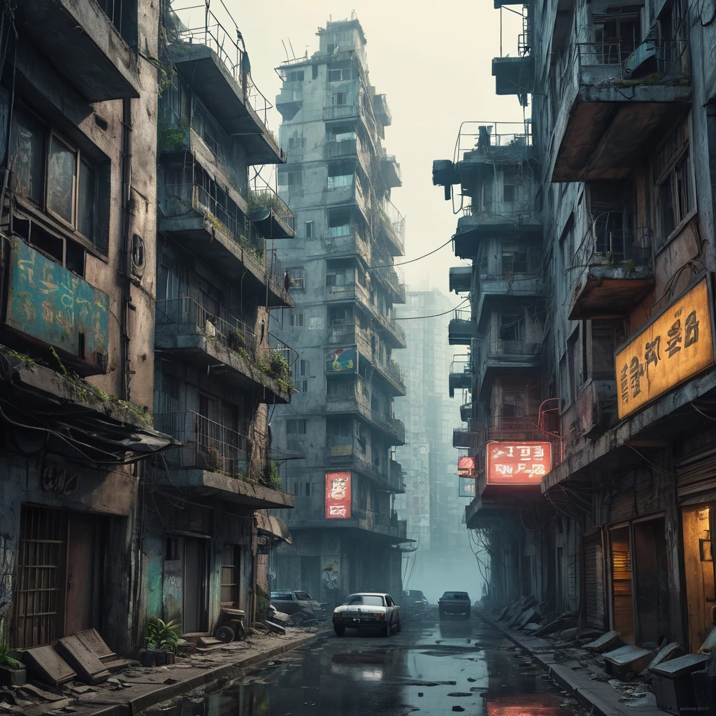 A dilapidated apartment complex in a futuristic slum, crumbling concrete structures stacked precariously, flickering neon signs cast long shadows, flying police spinners patrol a hazy sky, gritty realism, dystopian decay, Blade Runner inspired