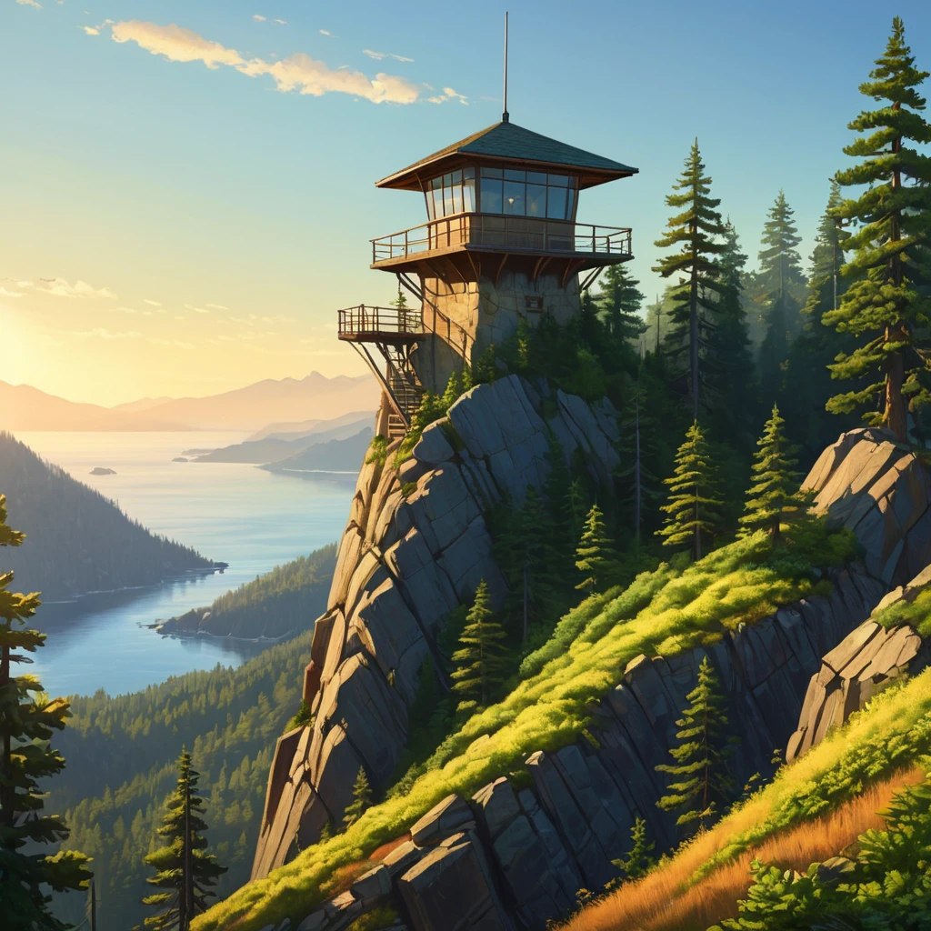 A lone fire lookout tower perched atop a rugged mountain peak, surrounded by a sea of vibrant green pine forest, the warm afternoon sun casting long shadows across the landscape, Firewatch art style, serene and melancholic