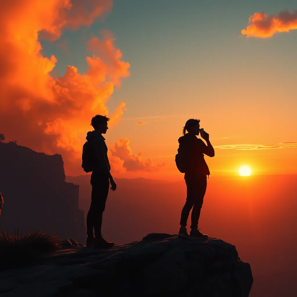 Two figures silhouetted against a fiery sunset, standing on a rocky cliff overlooking a vast valley, their walkie-talkies crackling with static, the scent of pine and smoke filling the air, Firewatch inspired, emotional, story-driven