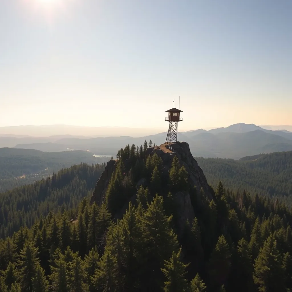 A lone fire lookout tower perched atop a rugged mountain peak, surrounded by a sea of vibrant green pine forest, the warm afternoon sun casting long shadows across the landscape, Firewatch art style, serene and melancholic