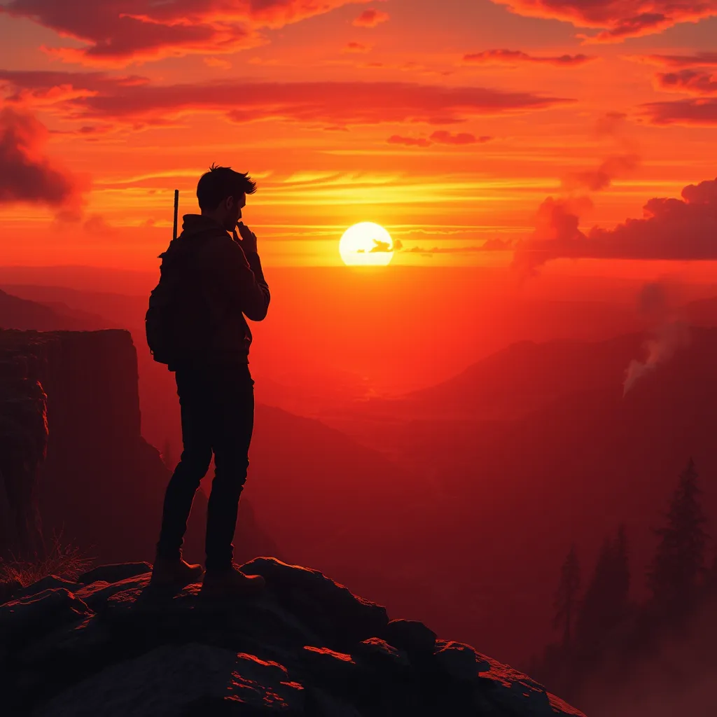 Two figures silhouetted against a fiery sunset, standing on a rocky cliff overlooking a vast valley, their walkie-talkies crackling with static, the scent of pine and smoke filling the air, Firewatch inspired, emotional, story-driven