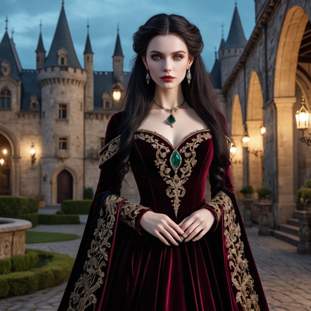 A stunningly beautiful vampire queen with piercing emerald eyes, porcelain skin, and long flowing black hair, adorned in a gothic burgundy velvet gown, standing in a castle courtyard bathed in moonlight, intricate details, hyperrealistic, sharp focus