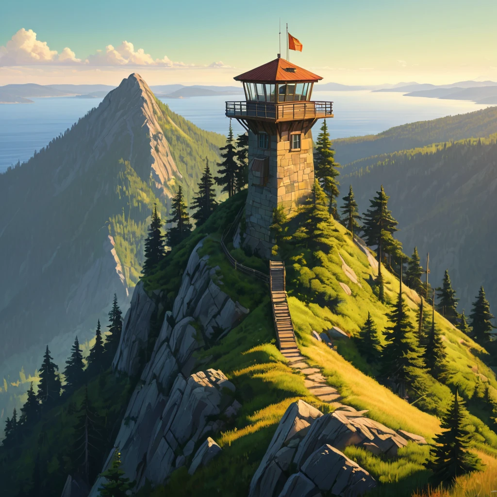 A lone fire lookout tower perched atop a rugged mountain peak, surrounded by a sea of vibrant green pine forest, the warm afternoon sun casting long shadows across the landscape, Firewatch art style, serene and melancholic