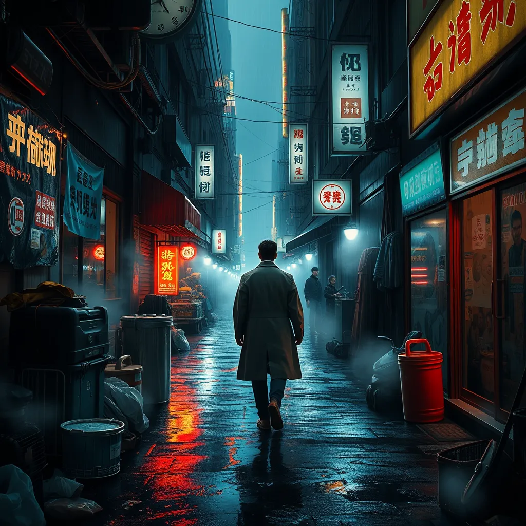 A lone figure in a trench coat walks down a narrow, trash-filled alleyway, bathed in the artificial glow of holographic advertisements, steam billowing from street vendors, rain pouring relentlessly, Blade Runner aesthetic, film noir lighting, sense of unease