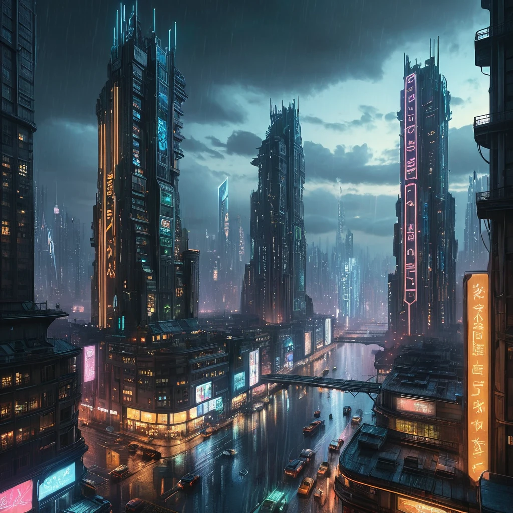 A sprawling dystopian cityscape at night, towering neon skyscrapers pierce a polluted sky, flying vehicles navigate a labyrinth of illuminated advertising, rain-slicked streets reflecting a kaleidoscope of light, Blade Runner style, cyberpunk, dark and gritty