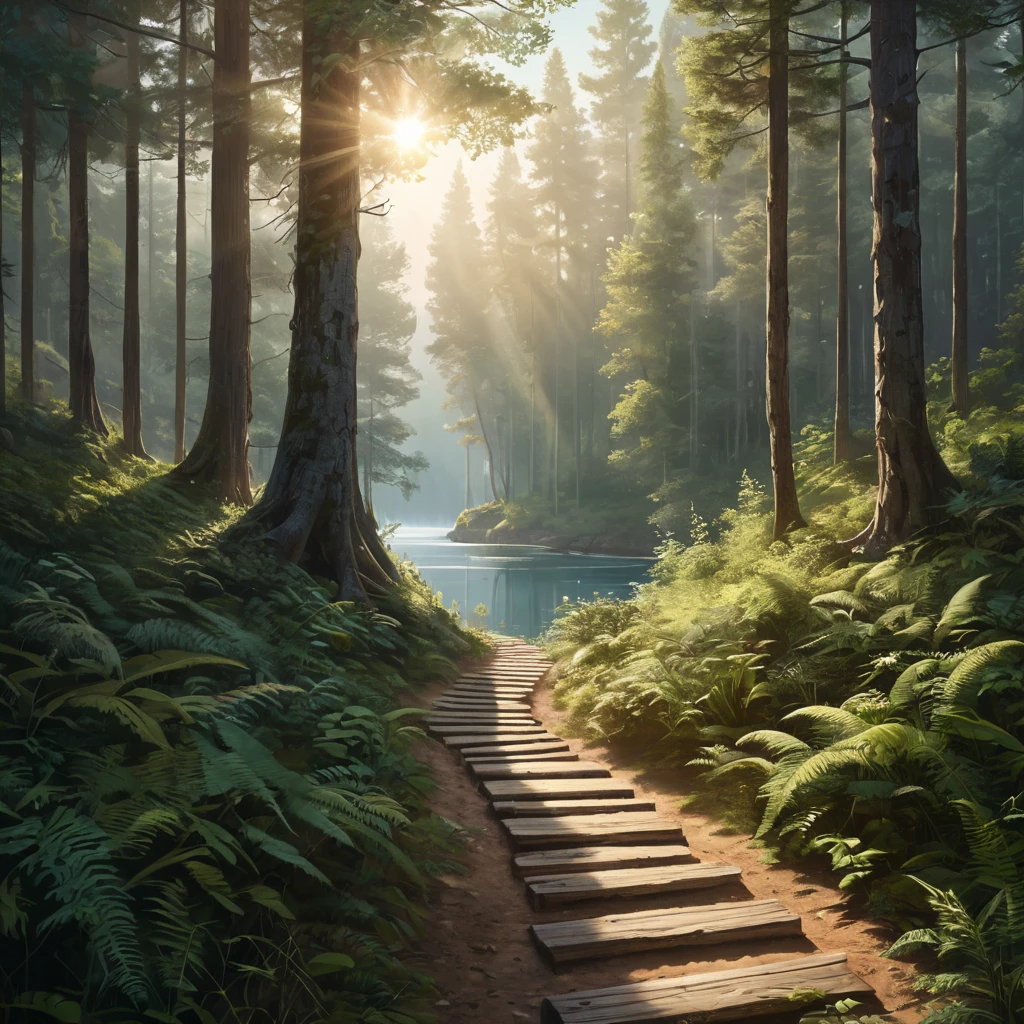 A winding dirt path disappearing into a dense forest, sunlight filtering through the canopy, a weathered wooden signpost pointing towards a distant lake, Firewatch color palette, peaceful and inviting, sense of mystery