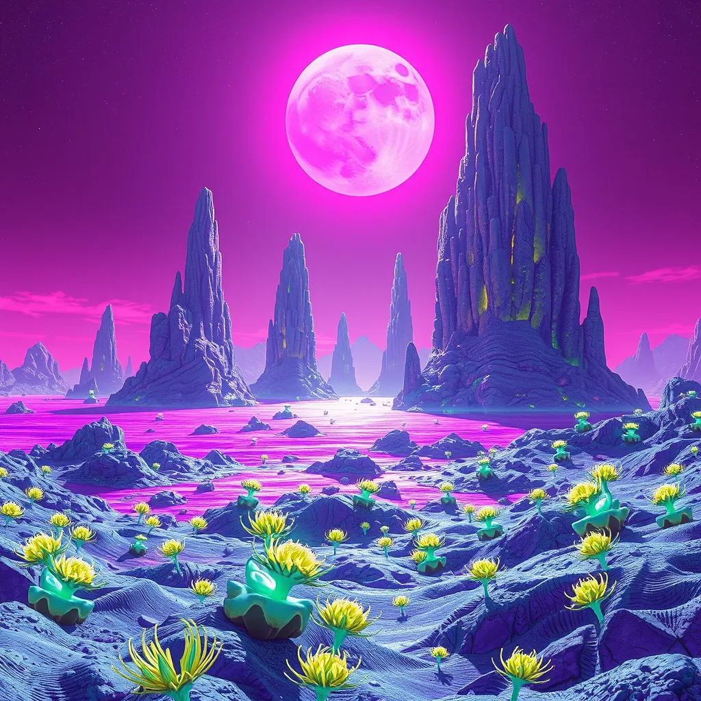 A surreal alien landscape bathed in the magenta glow of a binary sun, towering crystalline formations jutting out of a vibrant purple ocean, exotic bioluminescent flora dotting the landscape, No Man's Sky inspired, vibrant colors, sense of wonder