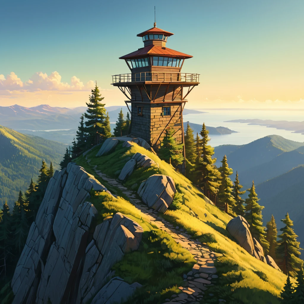 A lone fire lookout tower perched atop a rugged mountain peak, surrounded by a sea of vibrant green pine forest, the warm afternoon sun casting long shadows across the landscape, Firewatch art style, serene and melancholic