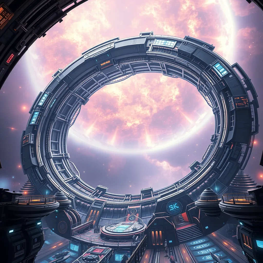 A colossal, ring-shaped space station, bathed in the soft glow of a nebula, intricate futuristic architecture with gleaming chrome and pulsating neon lights, bustling with spaceships and holographic displays, cinematic lighting, 8k, ultra-realistic