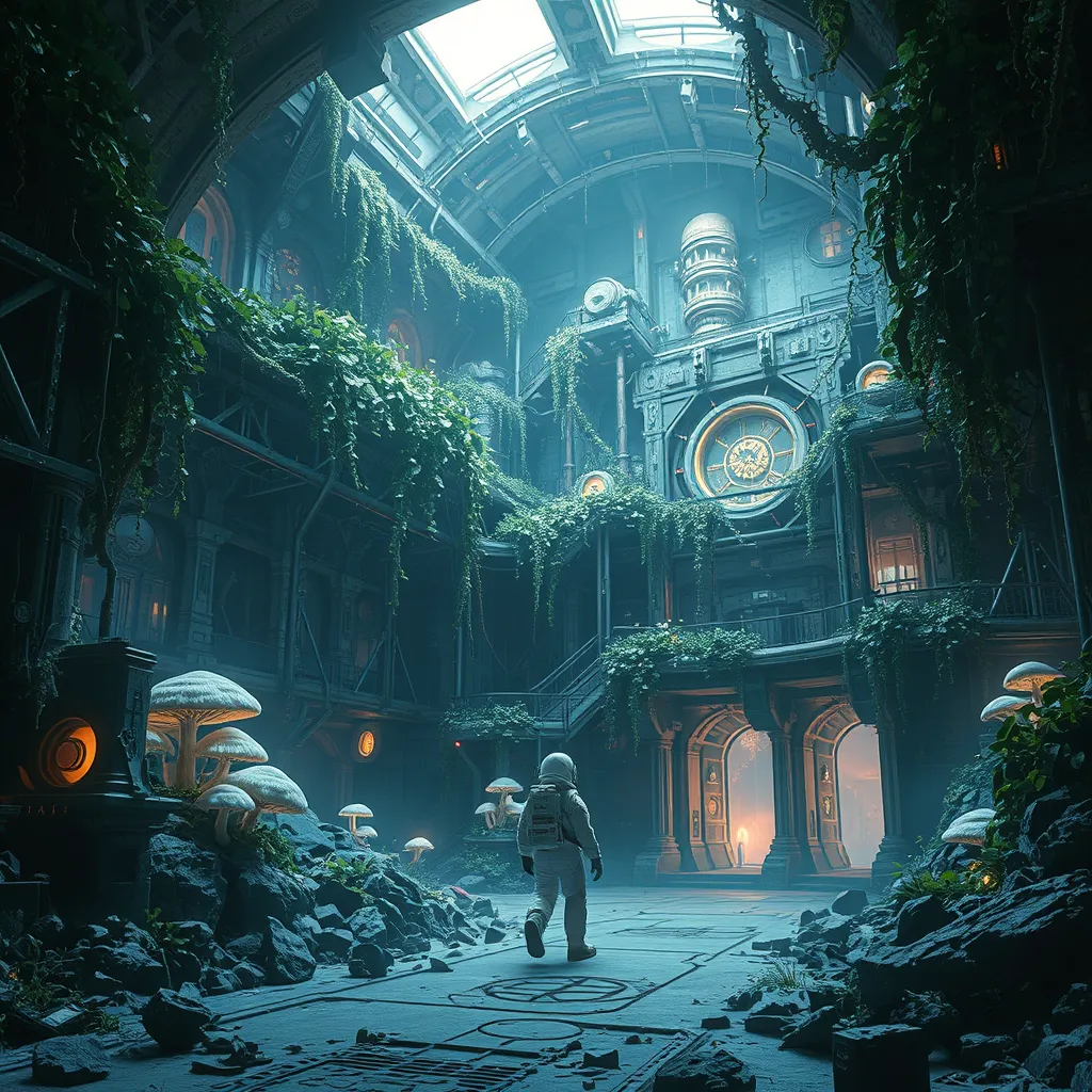 A derelict space station, overgrown with luminous vines and bioluminescent fungi, remnants of advanced technology peeking through the organic growth, a lone astronaut in a spacesuit exploring the ruins, haunting and beautiful, volumetric lighting, photorealistic, trending on Artstation