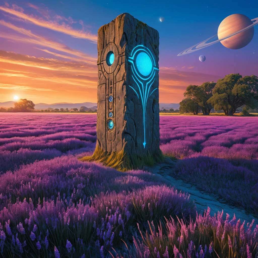 An abandoned alien monolith standing amidst a field of glowing blue grass, strange symbols etched into its surface, a ringed planet dominating the sky, purple and orange hues blend in the atmosphere, No Man's Sky style, mysterious and evocative