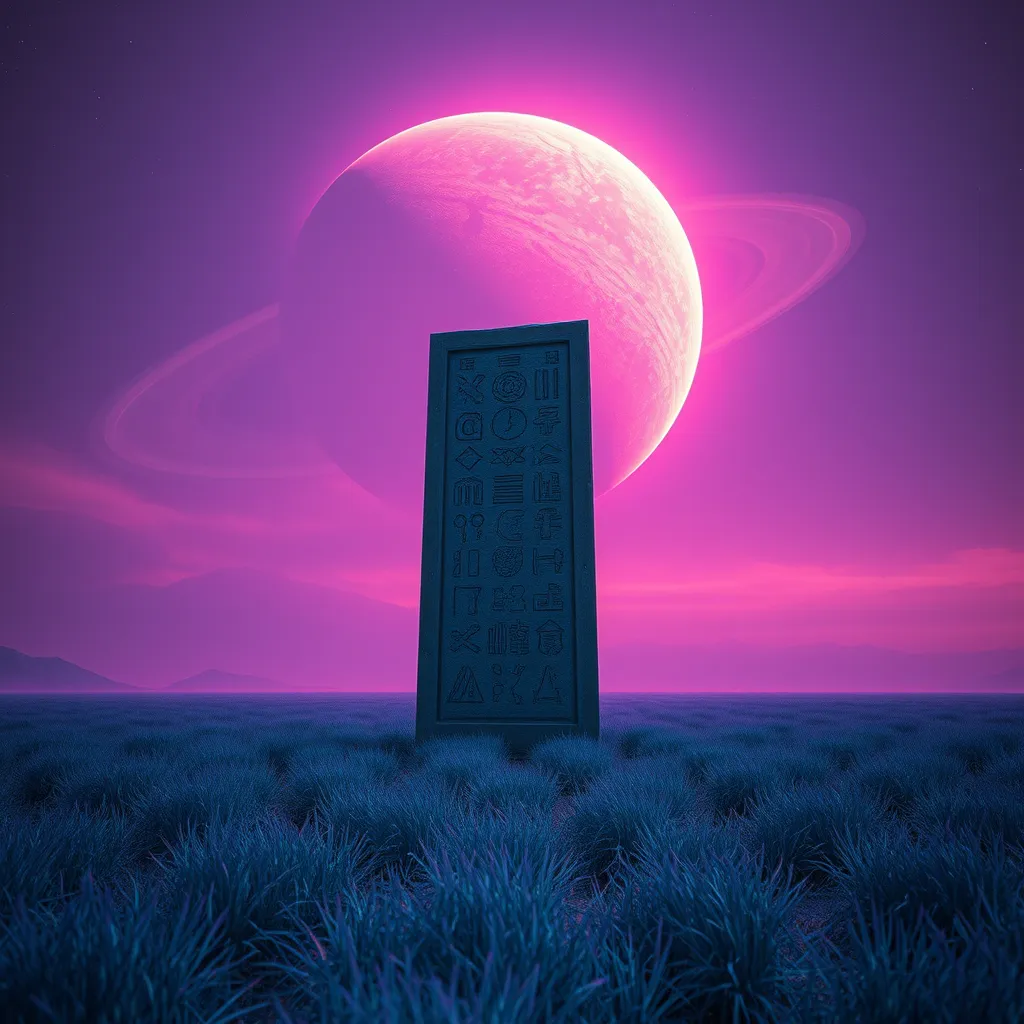 An abandoned alien monolith standing amidst a field of glowing blue grass, strange symbols etched into its surface, a ringed planet dominating the sky, purple and orange hues blend in the atmosphere, No Man's Sky style, mysterious and evocative