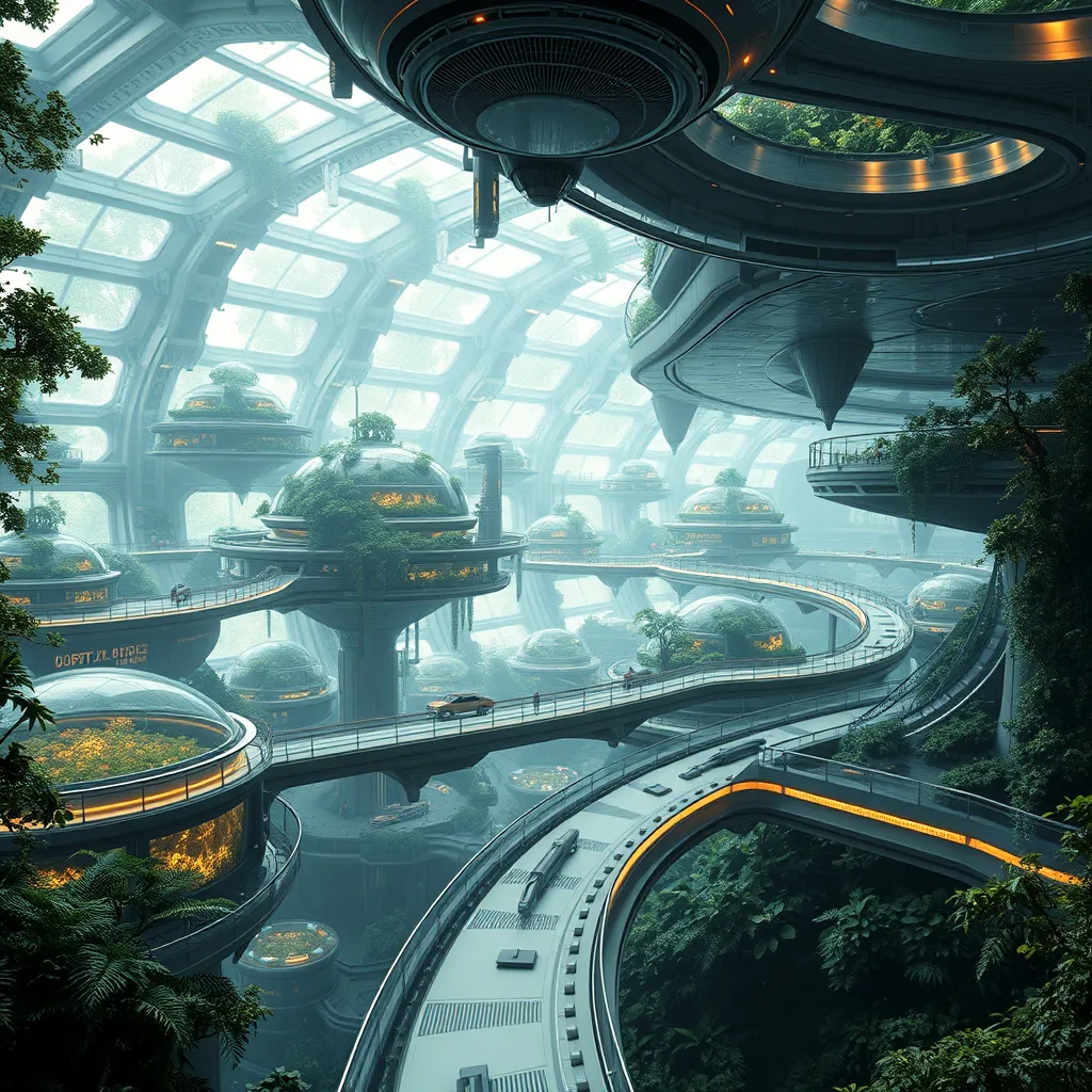 Intricate network of interconnected biodomes forming a space station, lush greenery and glowing flora, sleek transparent walkways connecting different modules, advanced technology seamlessly integrated with nature, ethereal atmosphere, hyperrealistic, cinematic lighting, 4k