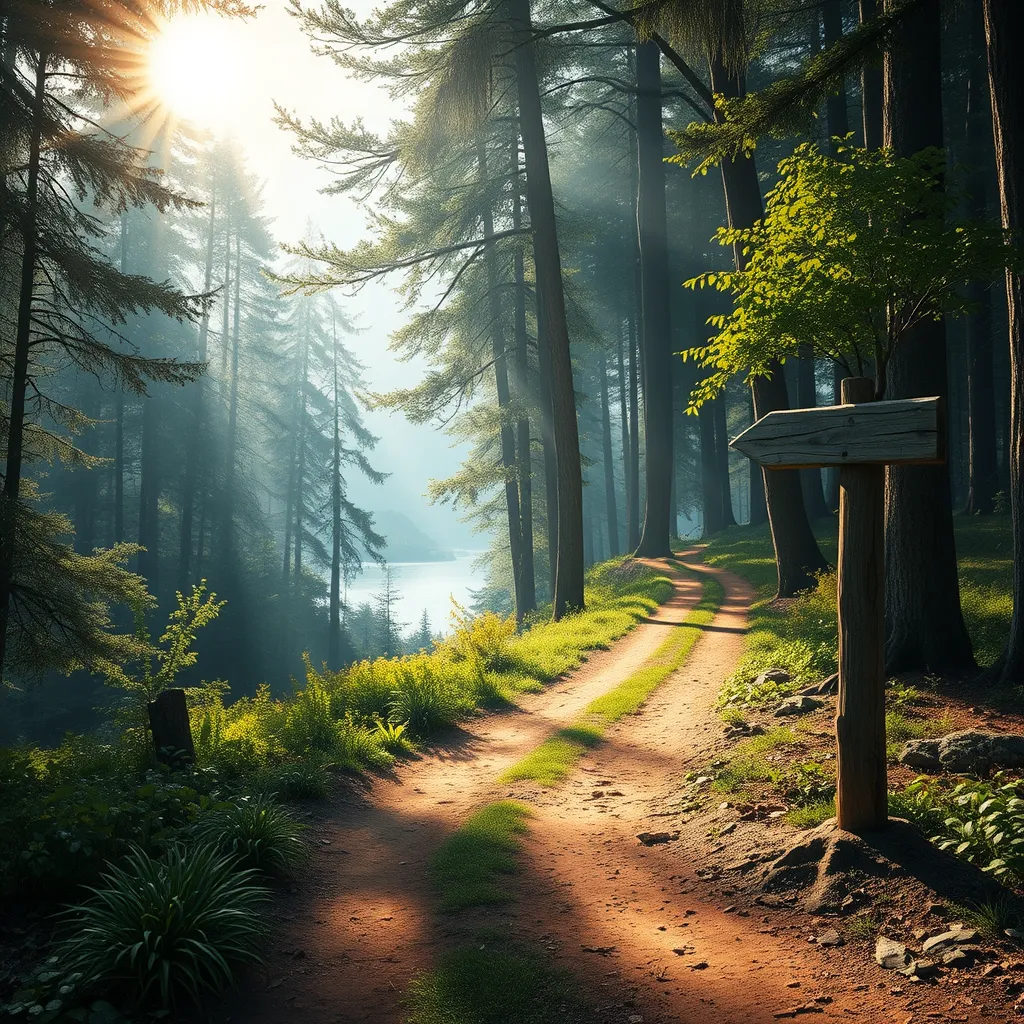 A winding dirt path disappearing into a dense forest, sunlight filtering through the canopy, a weathered wooden signpost pointing towards a distant lake, Firewatch color palette, peaceful and inviting, sense of mystery