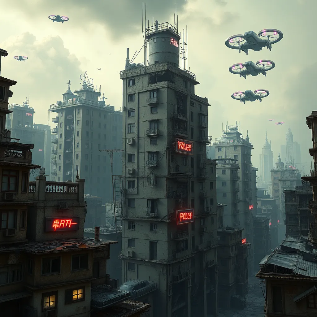 A dilapidated apartment complex in a futuristic slum, crumbling concrete structures stacked precariously, flickering neon signs cast long shadows, flying police spinners patrol a hazy sky, gritty realism, dystopian decay, Blade Runner inspired