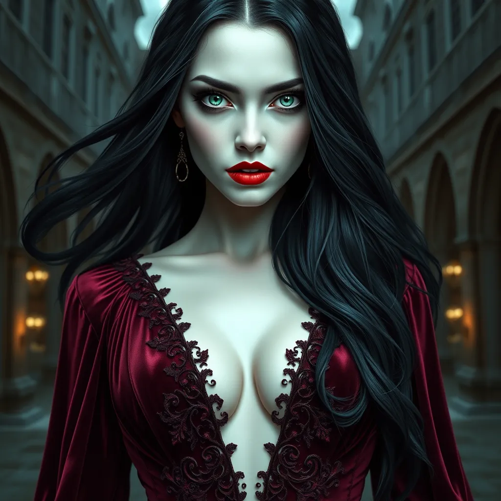 A stunningly beautiful vampire queen with piercing emerald eyes, porcelain skin, and long flowing black hair, adorned in a gothic burgundy velvet gown, standing in a castle courtyard bathed in moonlight, intricate details, hyperrealistic, sharp focus