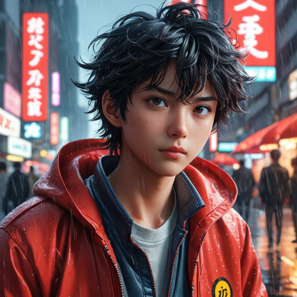 Anime art of Akira, detailed scene, red, perfect face, intricately detailed photorealism, trending on artstation, neon lights, rainy day, ray-traced environment, vintage 90's anime artwork