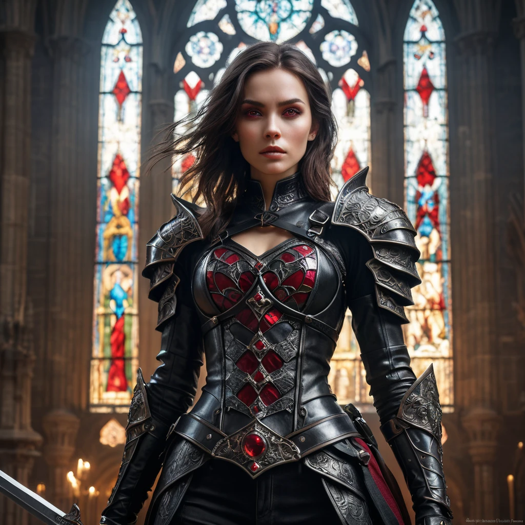 A powerful and alluring vampire warrior with ruby red eyes, wearing intricate black leather armor, a battle-worn sword strapped to her back, standing triumphantly in a gothic cathedral with shattered stained glass windows, dynamic pose, dramatic lighting, cinematic