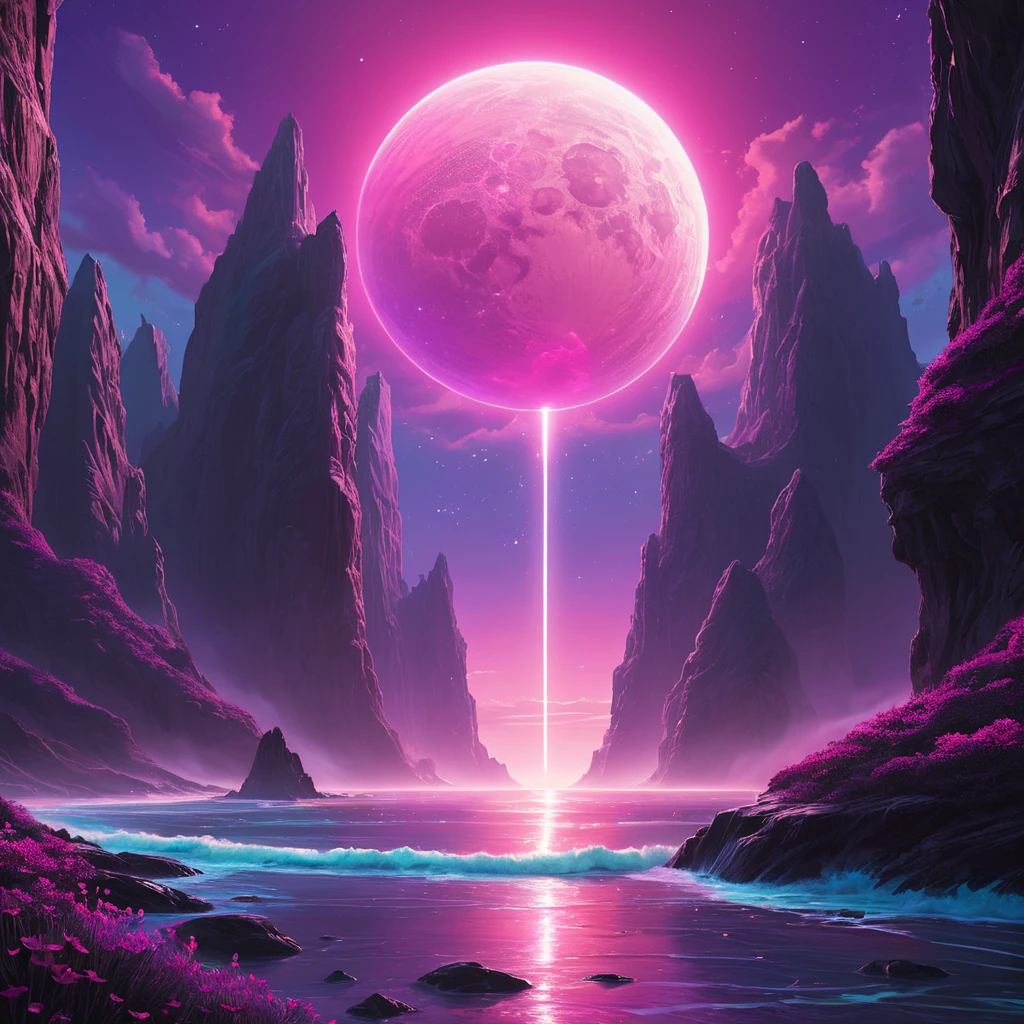 A surreal alien landscape bathed in the magenta glow of a binary sun, towering crystalline formations jutting out of a vibrant purple ocean, exotic bioluminescent flora dotting the landscape, No Man's Sky inspired, vibrant colors, sense of wonder