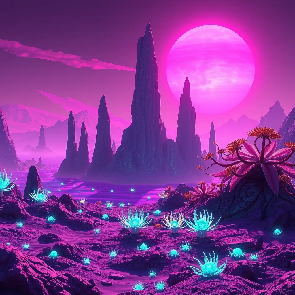 A surreal alien landscape bathed in the magenta glow of a binary sun, towering crystalline formations jutting out of a vibrant purple ocean, exotic bioluminescent flora dotting the landscape, No Man's Sky inspired, vibrant colors, sense of wonder