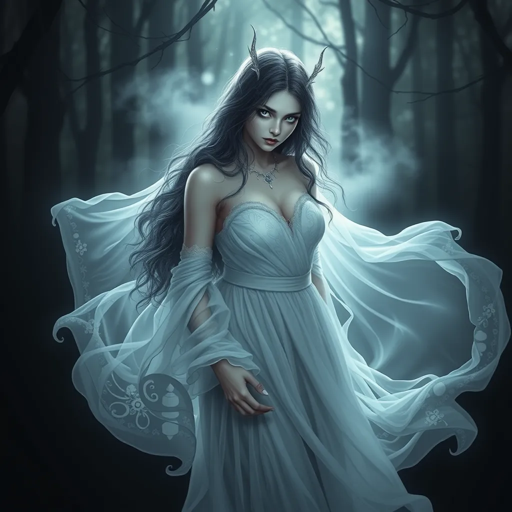 An ethereal vampire maiden with a delicate yet captivating beauty, pale blue eyes that shimmer like sapphires, wearing a flowing white dress that evokes the moonlight, surrounded by mist in a dark forest, art nouveau style, soft lighting, dreamlike atmosphere