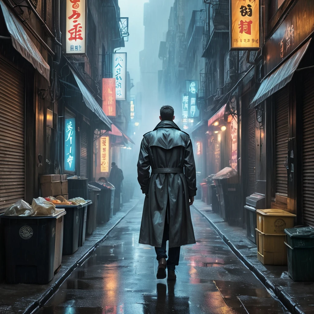 A lone figure in a trench coat walks down a narrow, trash-filled alleyway, bathed in the artificial glow of holographic advertisements, steam billowing from street vendors, rain pouring relentlessly, Blade Runner aesthetic, film noir lighting, sense of unease