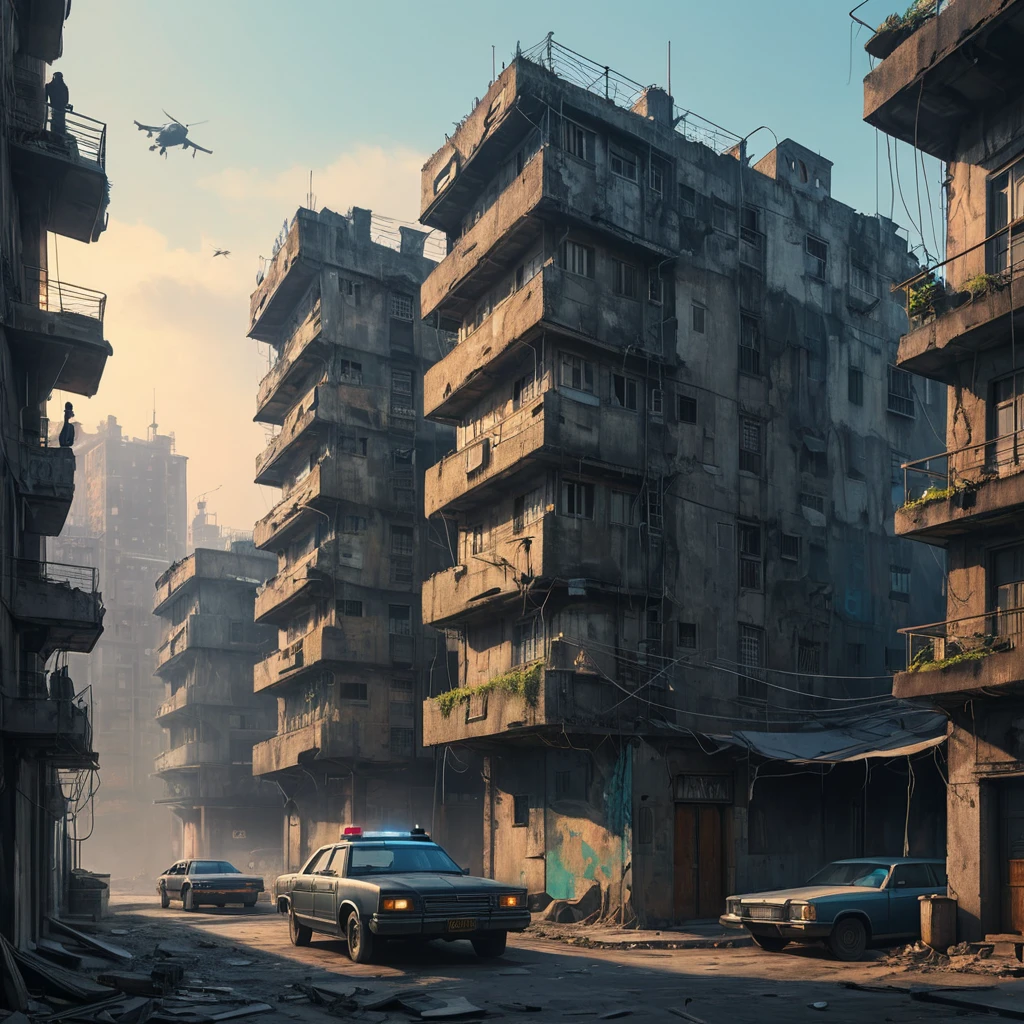 A dilapidated apartment complex in a futuristic slum, crumbling concrete structures stacked precariously, flickering neon signs cast long shadows, flying police spinners patrol a hazy sky, gritty realism, dystopian decay, Blade Runner inspired