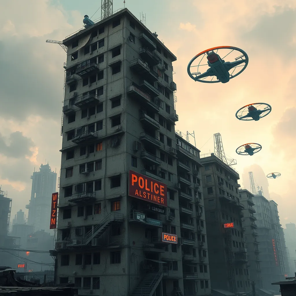 A dilapidated apartment complex in a futuristic slum, crumbling concrete structures stacked precariously, flickering neon signs cast long shadows, flying police spinners patrol a hazy sky, gritty realism, dystopian decay, Blade Runner inspired