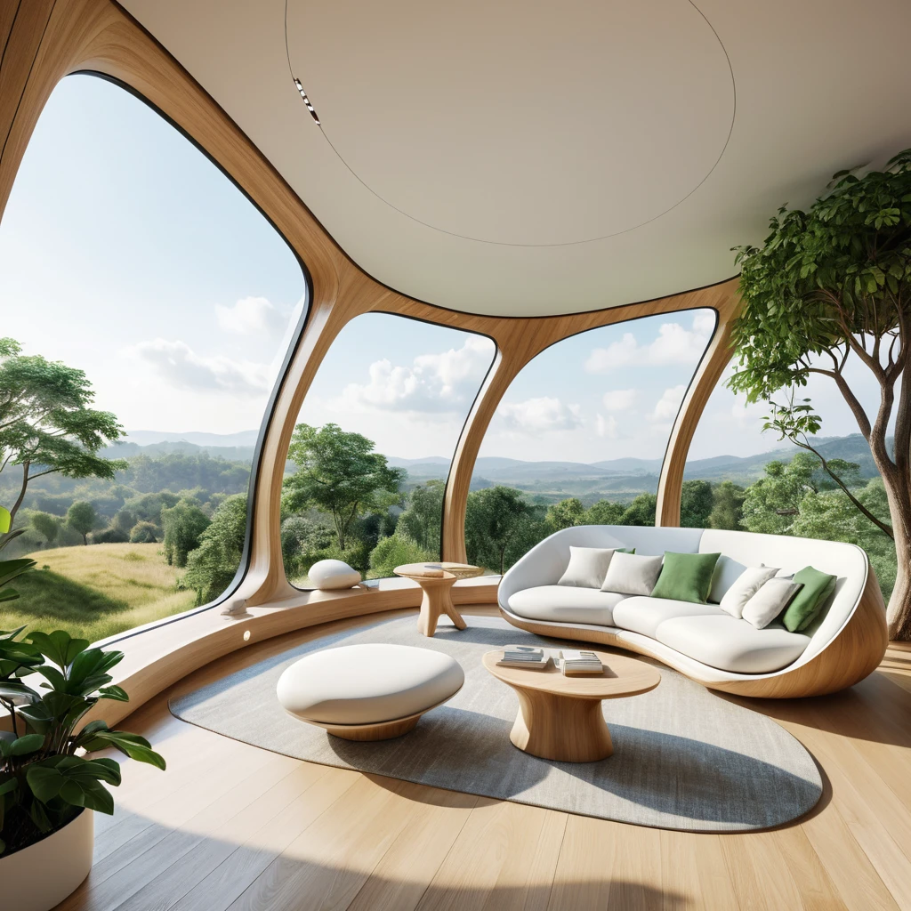 A beautiful interior design of an organic tree house with large windows overlooking the green landscape, in harmony with nature, designed in the style of Zaha Hadid and cofftraffic, using light wood and white colors, curved lines, futuristic furniture, organic shapes, architectural photography, highly detailed, hyper realistic, high resolution green trees