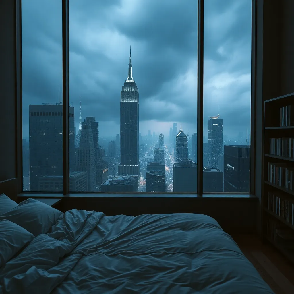 Moody aesthetic, beautiful cozy, cramped bedroom with floor to ceiling glass windows overlooking a cyberpunk city at night, view from top of skyscraper, white bedsheets, bookshelves, thunderstorm outside with torrential rain