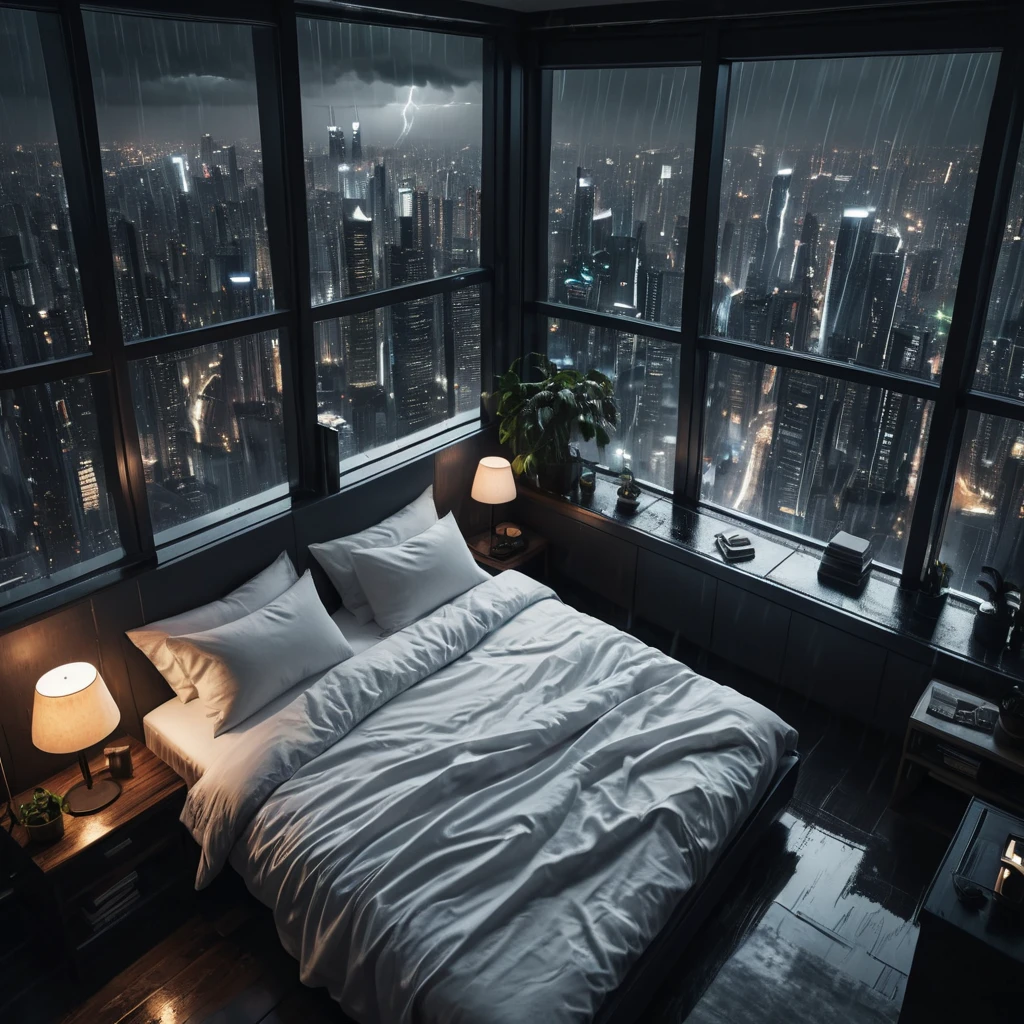 Moody aesthetic, beautiful cozy, cramped bedroom with floor to ceiling glass windows overlooking a cyberpunk city at night, view from top of skyscraper, white bedsheets, bookshelves, thunderstorm outside with torrential rain