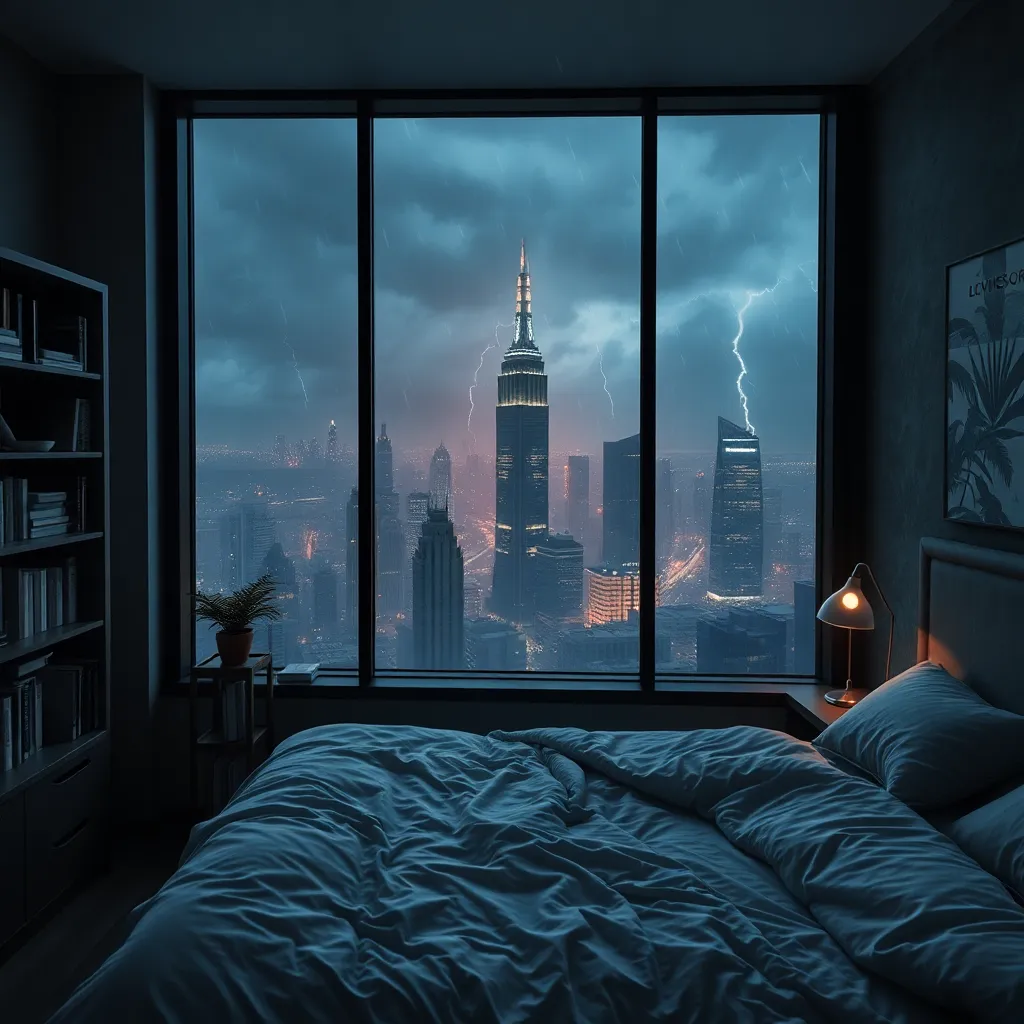 Moody aesthetic, beautiful cozy, cramped bedroom with floor to ceiling glass windows overlooking a cyberpunk city at night, view from top of skyscraper, white bedsheets, bookshelves, thunderstorm outside with torrential rain