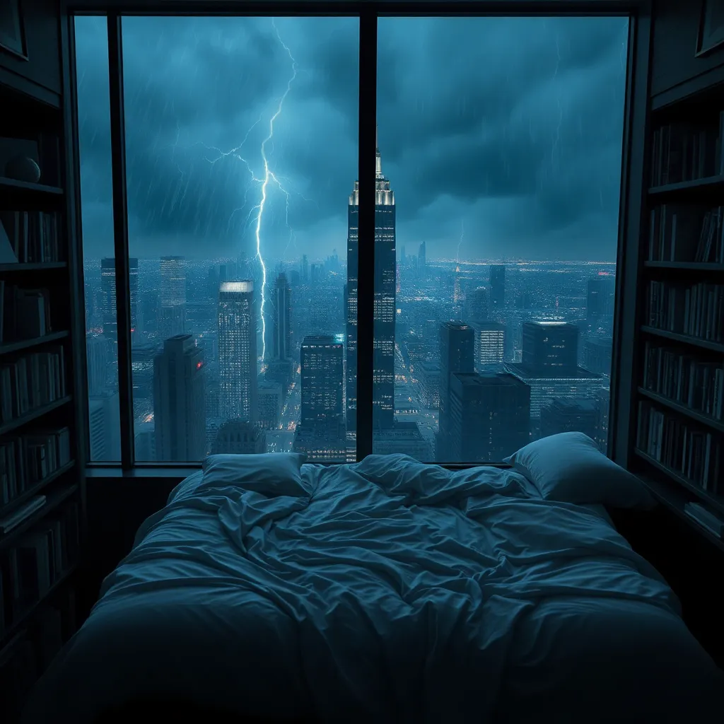 Moody aesthetic, beautiful cozy, cramped bedroom with floor to ceiling glass windows overlooking a cyberpunk city at night, view from top of skyscraper, white bedsheets, bookshelves, thunderstorm outside with torrential rain