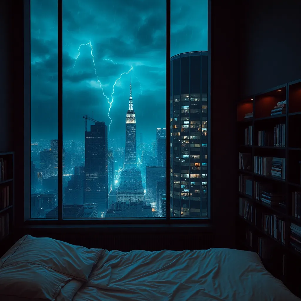 Moody aesthetic, beautiful cozy, cramped bedroom with floor to ceiling glass windows overlooking a cyberpunk city at night, view from top of skyscraper, white bedsheets, bookshelves, thunderstorm outside with torrential rain