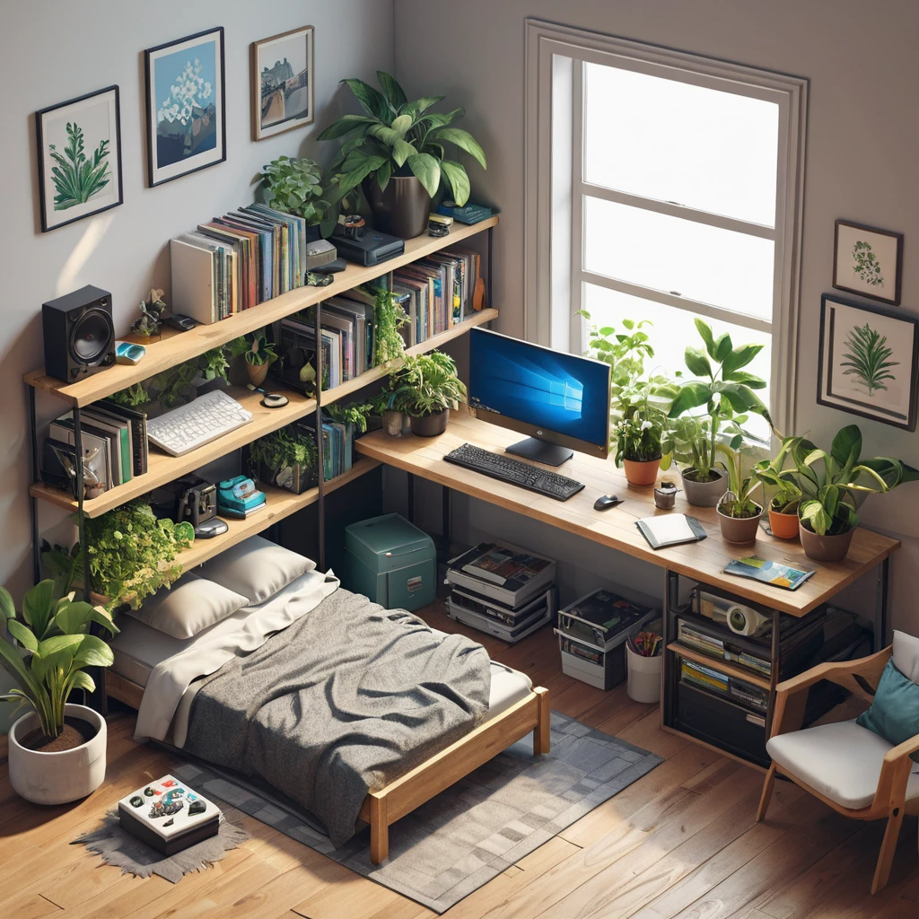 isometric render, messy nostalgic bedroom with a gaming pc, windows, plants bookshelves, desk