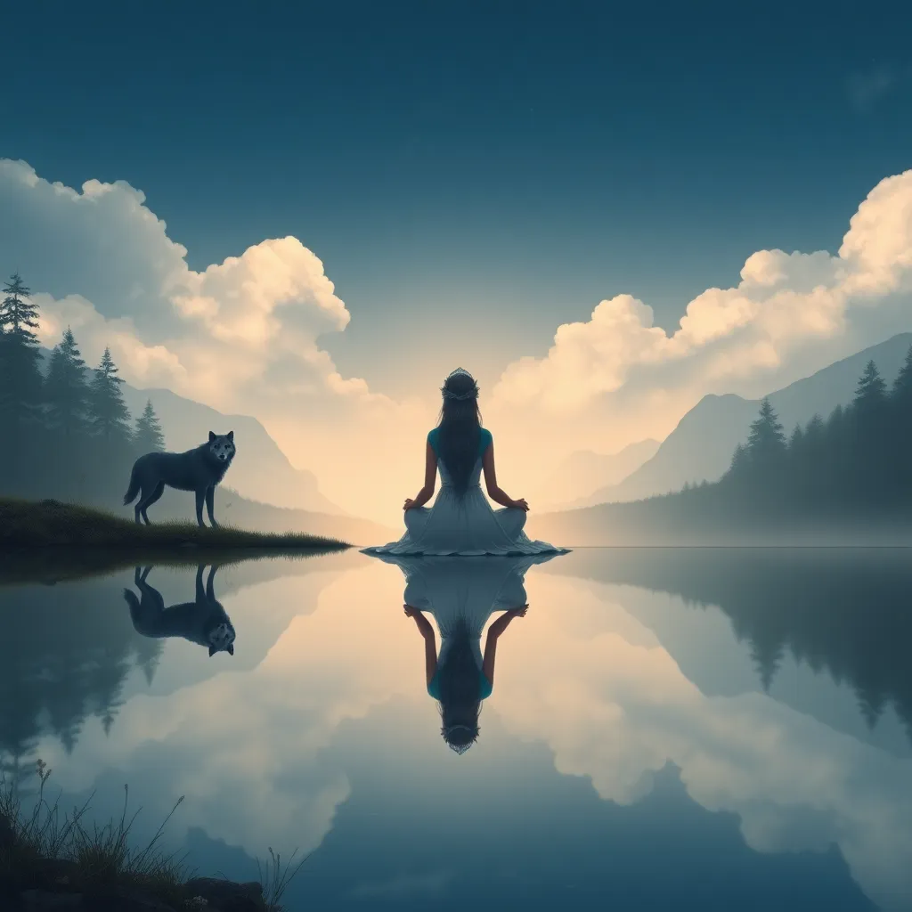 A serene image of Princess Mononoke sitting cross-legged by a serene lake, her reflection mirrored in the still water, with the silhouette of a majestic wolf at her side.