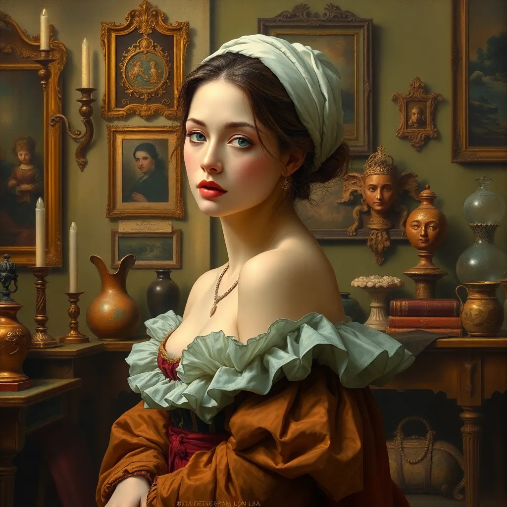 An embodiment of renaissance beauty, painted with colors that blend the Renaissance era's elegance and modern artistry, her expression one of thoughtful contemplation amidst an ornate studio filled with artifacts of the past.