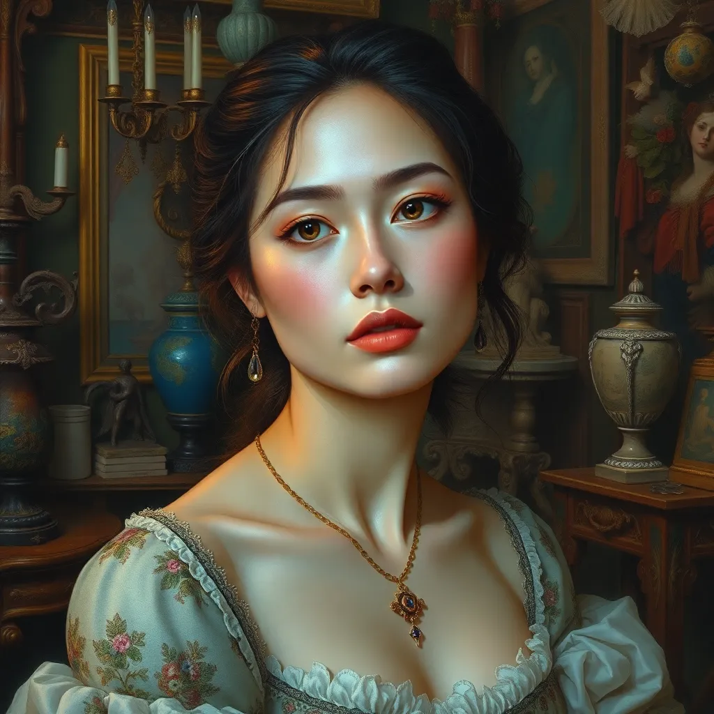 An embodiment of renaissance beauty, painted with colors that blend the Renaissance era's elegance and modern artistry, her expression one of thoughtful contemplation amidst an ornate studio filled with artifacts of the past.