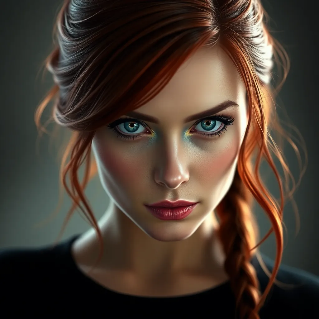 A close-up portrait of Natasha Romanoff, Black Widow, with a soft, melancholic expression. Her red hair is pulled back, revealing her strong features and piercing blue eyes. She wears a simple black dress, highlighting her vulnerability and inner strength. The lighting is soft and intimate, creating a sense of mystery and intrigue.