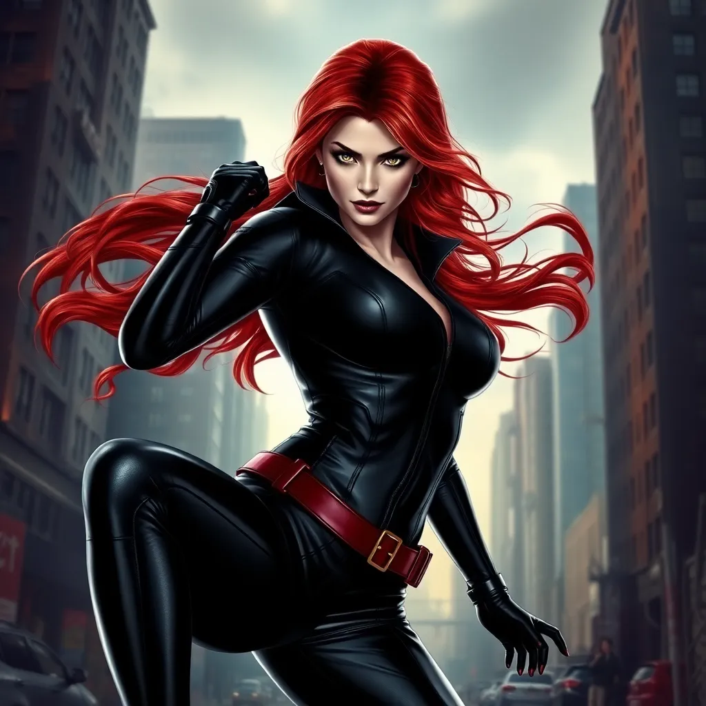 Natasha Romanoff, Black Widow, in a dramatic pose, her red hair flowing, eyes sharp and focused. She wears a sleek, black leather suit with a red accent, highlighting her strength and agility. The background is a gritty urban landscape, reflecting her past and present.