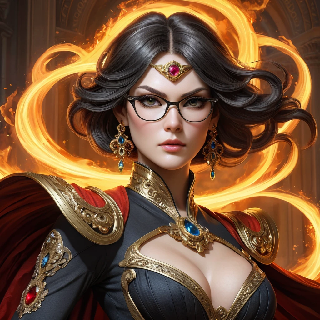 A hyperrealistic portrait of Bayonetta, her eyes glowing with power, standing triumphantly amidst a fiery inferno, her hair flowing like molten lava, intricate details of her outfit, cinematic lighting, in the style of Alphonse Mucha