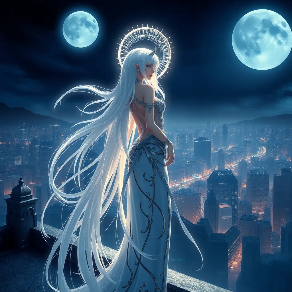 Bayonetta, ethereal and graceful, bathed in moonlight, her hair cascading down her back, a shimmering halo around her head, standing on a moonlit rooftop overlooking a sprawling cityscape, soft, dreamlike lighting, highly detailed, intricate